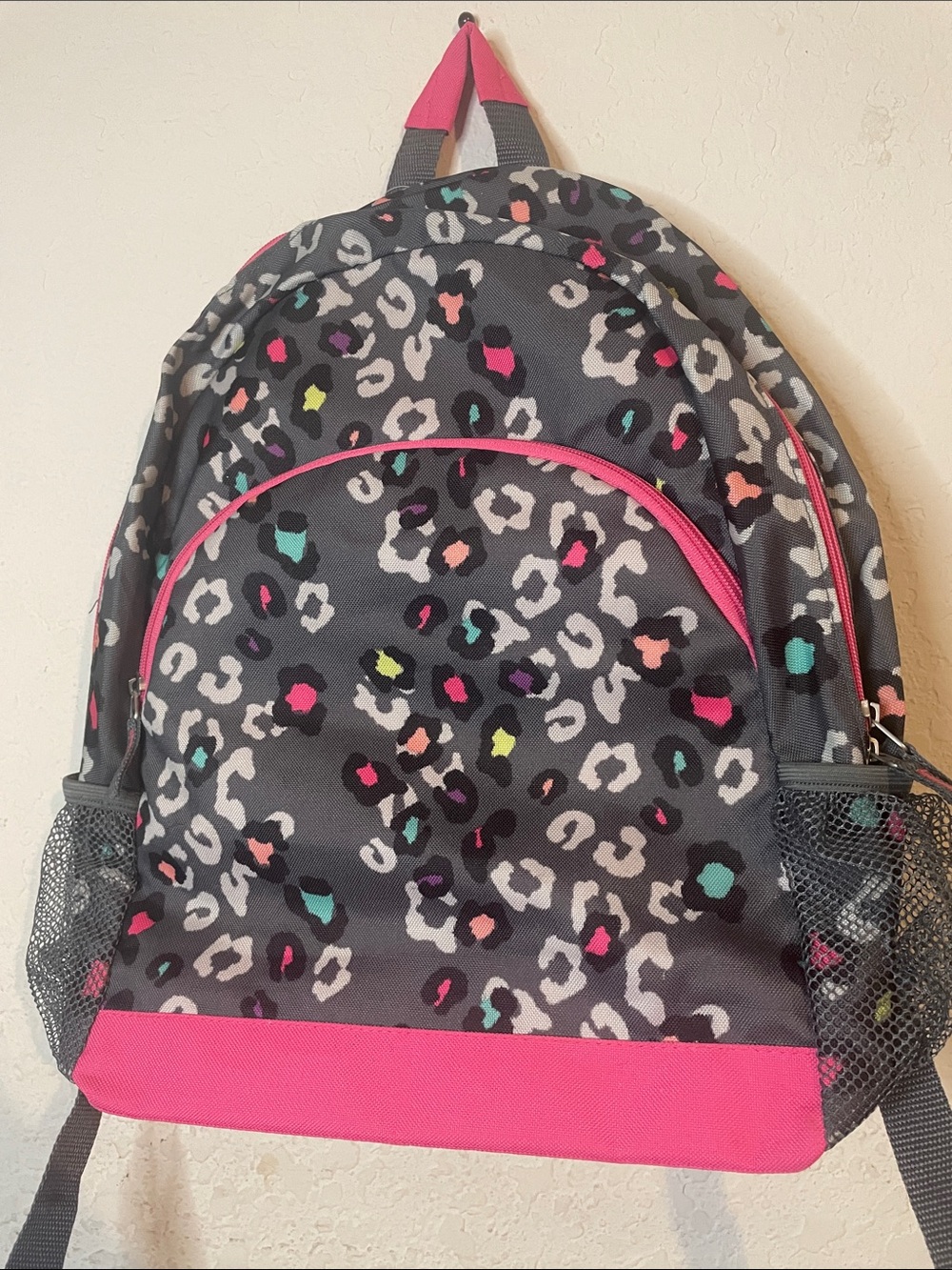 Old Navy Gray Leopard Print Kids Backpack with Pink Trim